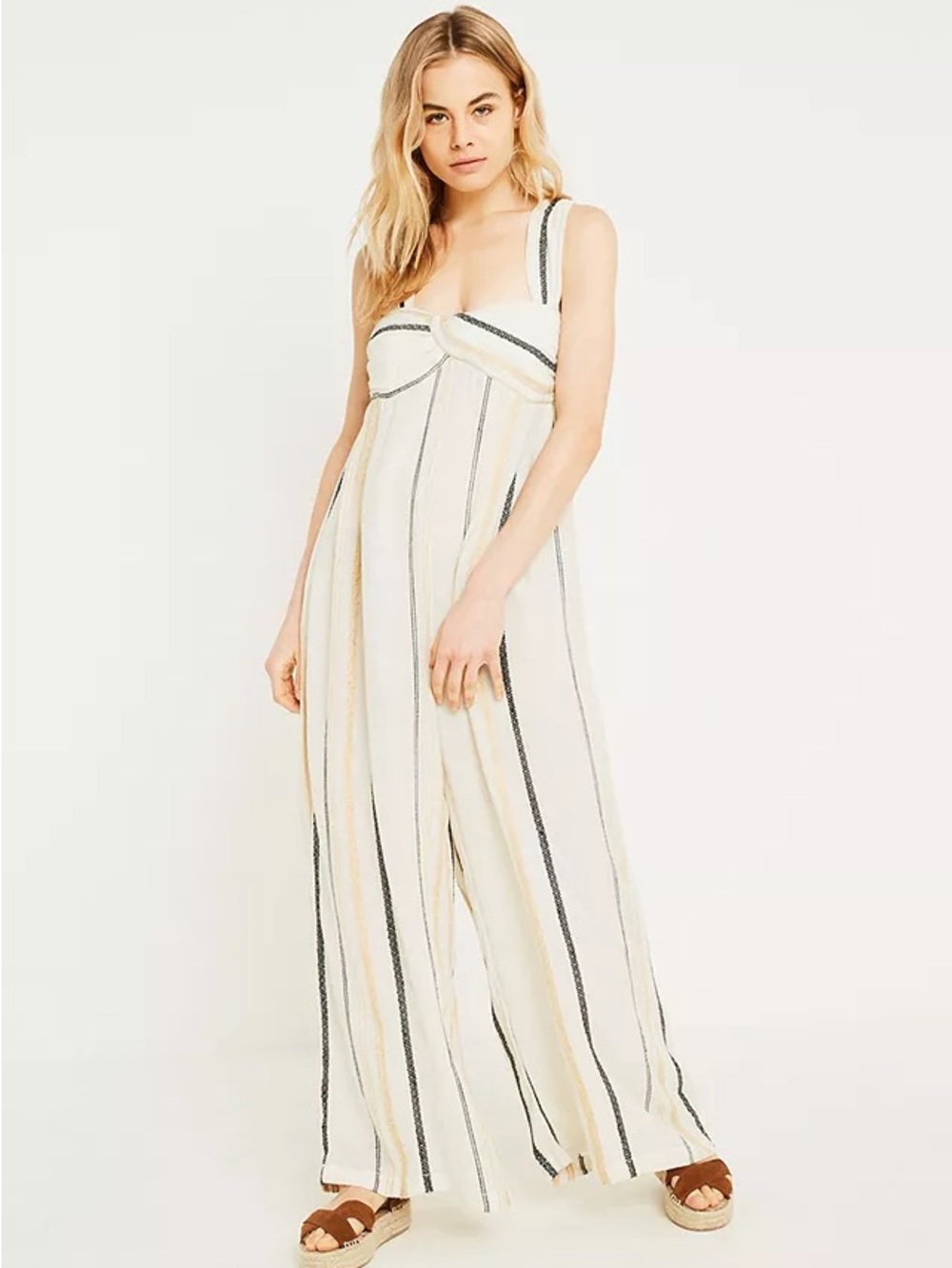 Free People Cream Striped Wide-Leg Jumpsuit